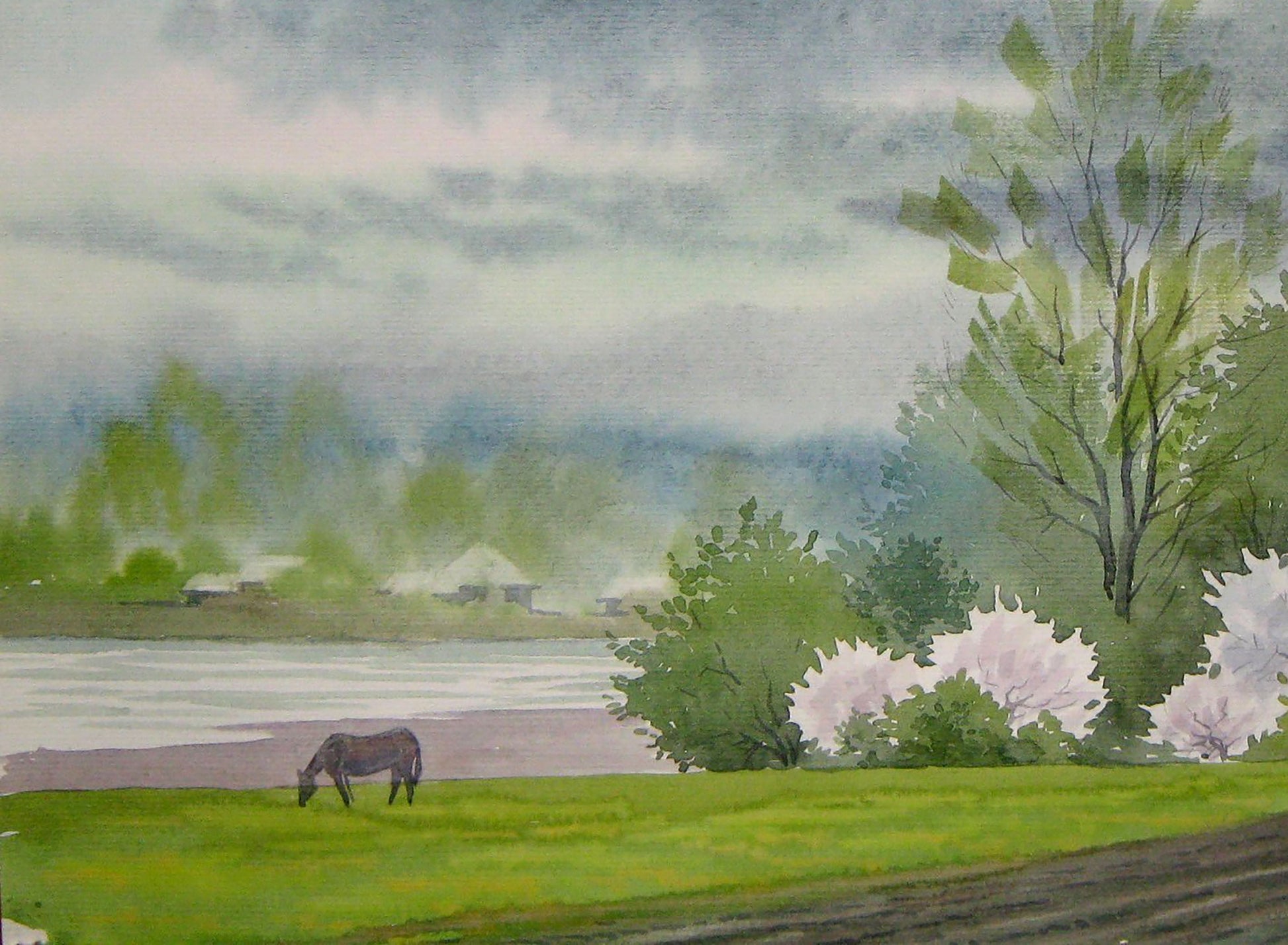 Watercolor painting showcasing "In the Farm Fields" by Valery Savenets.