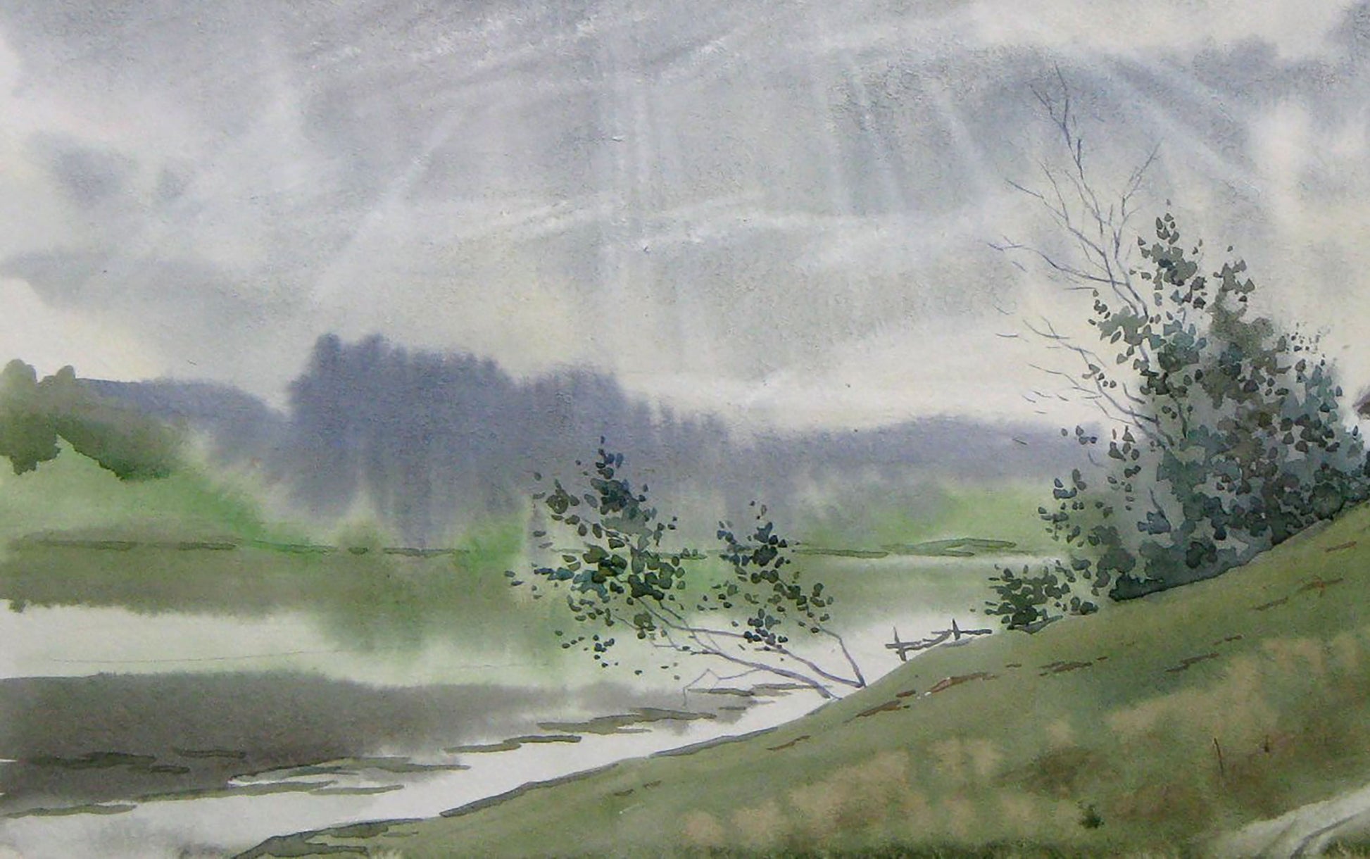 Watercolor painting River Rural landscape 
