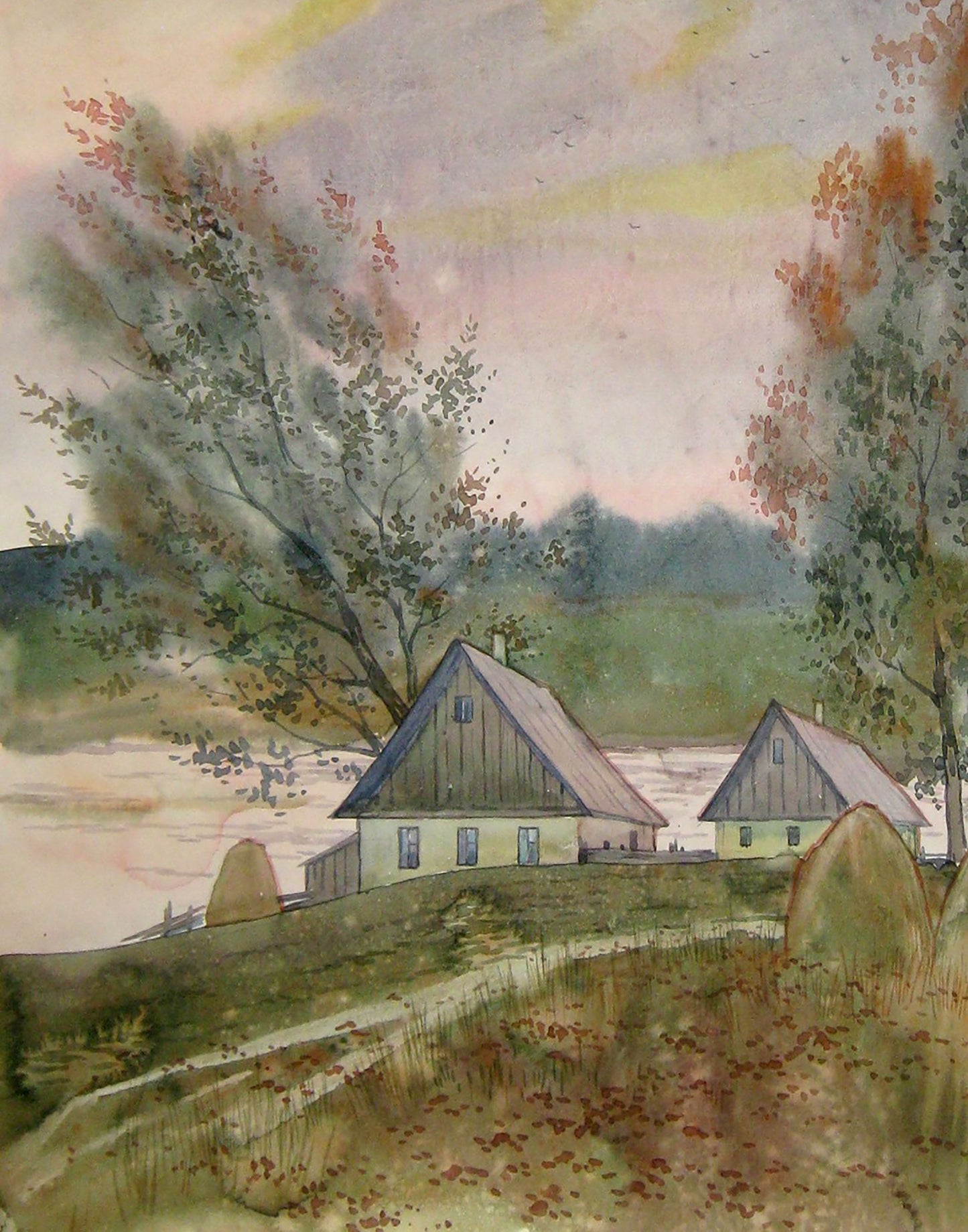 Watercolor painting countryside, rural yard