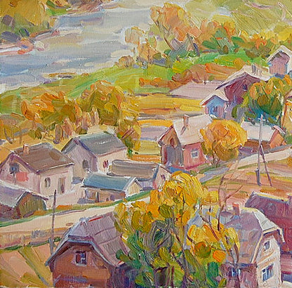 Oil Painting River Village landscape 