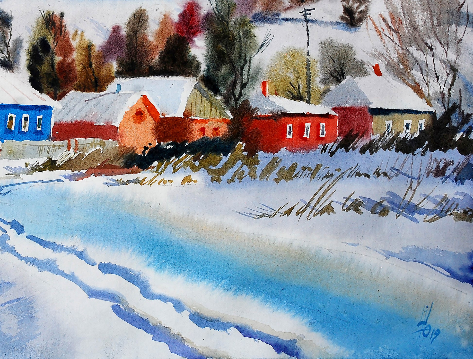 Egor Shvachunov presents a wintertime scenery in his watercolor painting