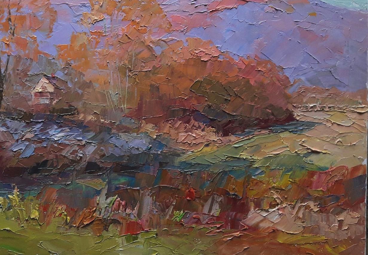 A scene of autumnal beauty is depicted in the oil painting