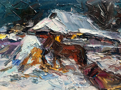 Oil painting Village evening 