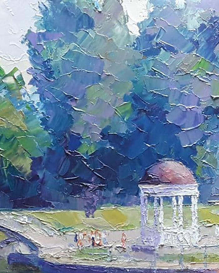 Metropolitan Greenery depicted in oil by Boris Petrovich Serdyuk, featuring a city garden