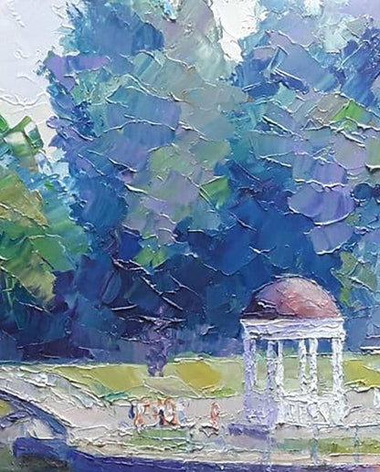 Metropolitan Greenery depicted in oil by Boris Petrovich Serdyuk, featuring a city garden