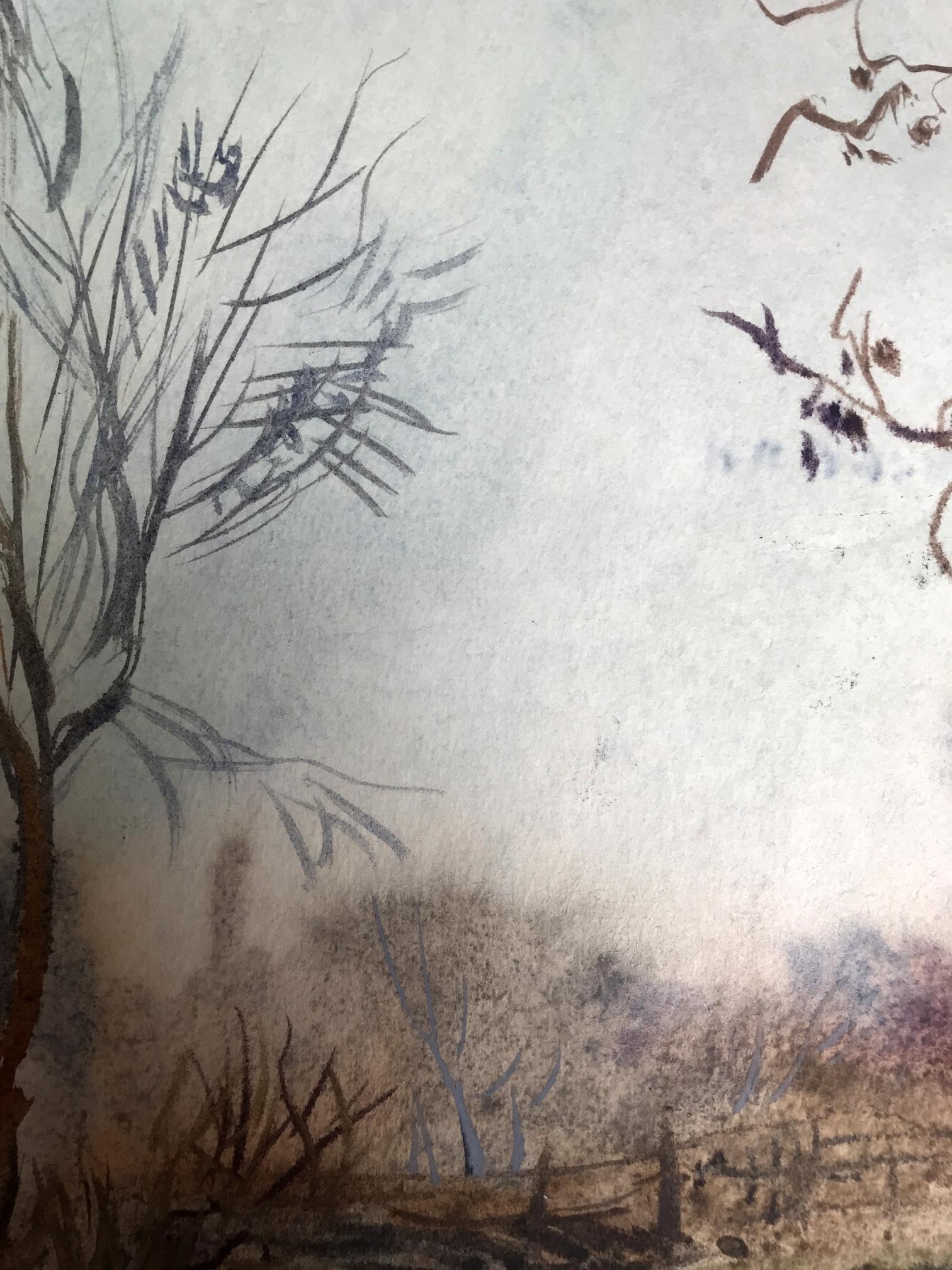 Watercolor painting "In the Woods" by Riaboka, capturing the tranquility of a wooded glade.