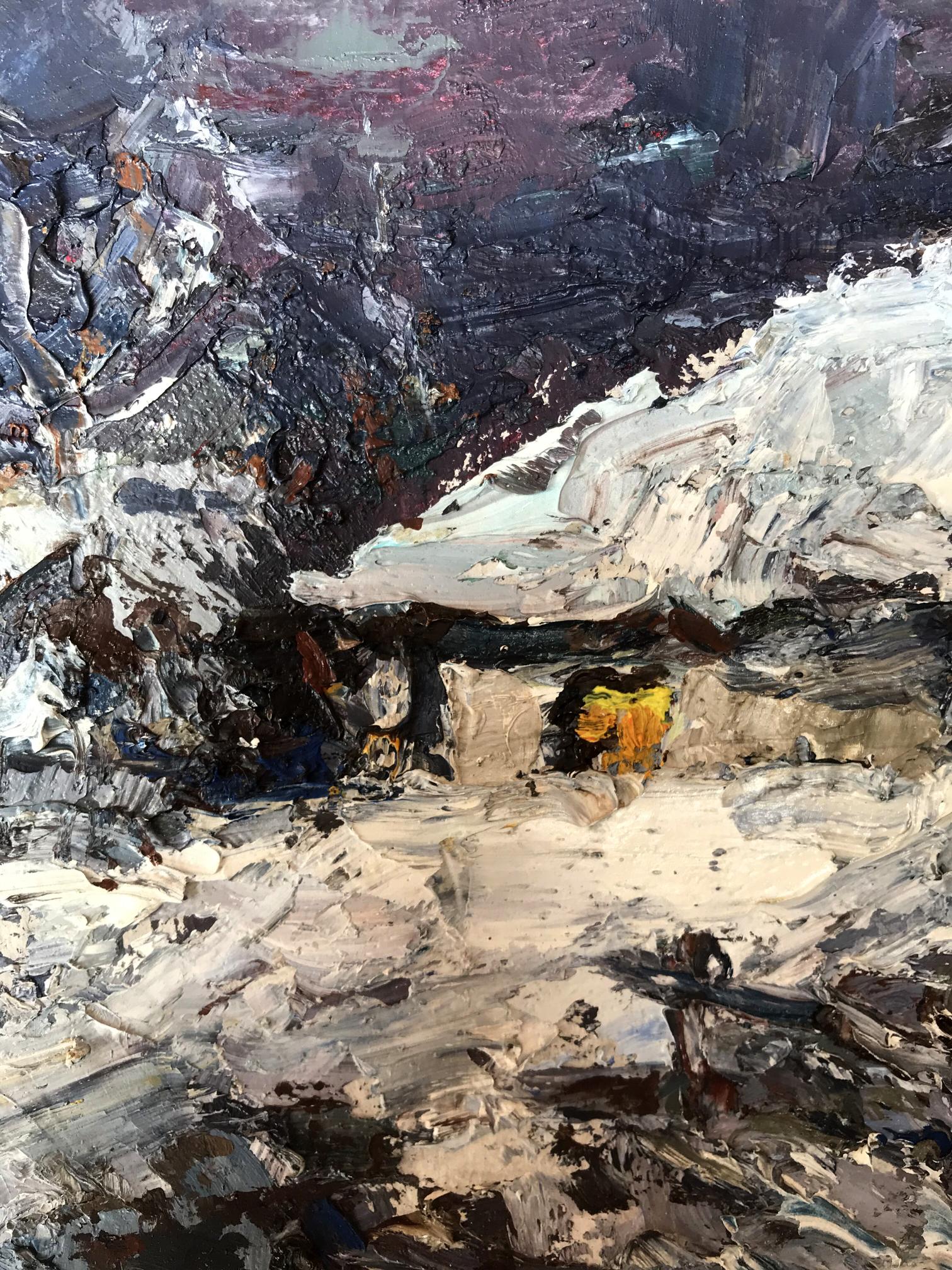 Alexander Cherednichenko's oil painting captures a winter night scene in the village