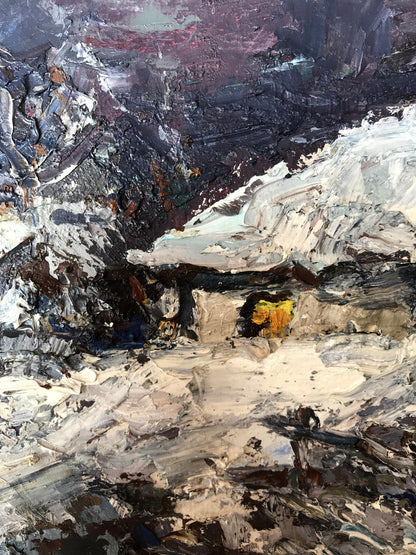 Alexander Cherednichenko's oil painting captures a winter night scene in the village