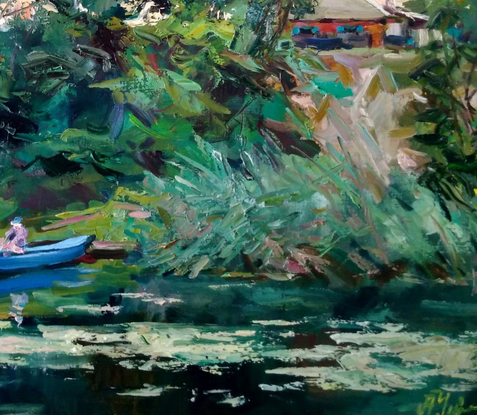 Alexander Nikolaevich Cherednichenko's portrayal of the evening in emerald hues in oil