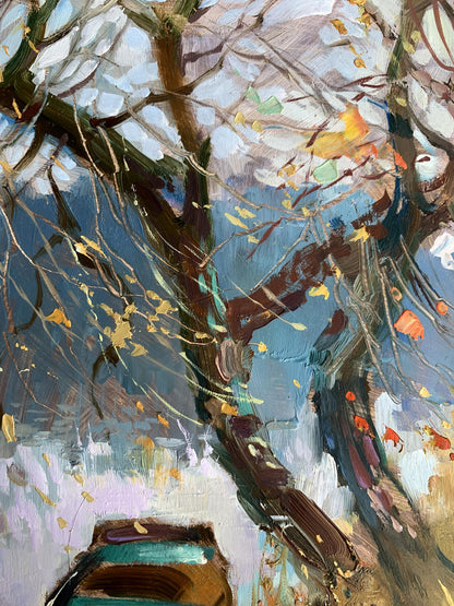 OIl painting A boat near two bare trees Yuriy Suprunchuk