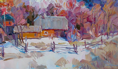 Oil Painting Mountain Village Winter Landscape 