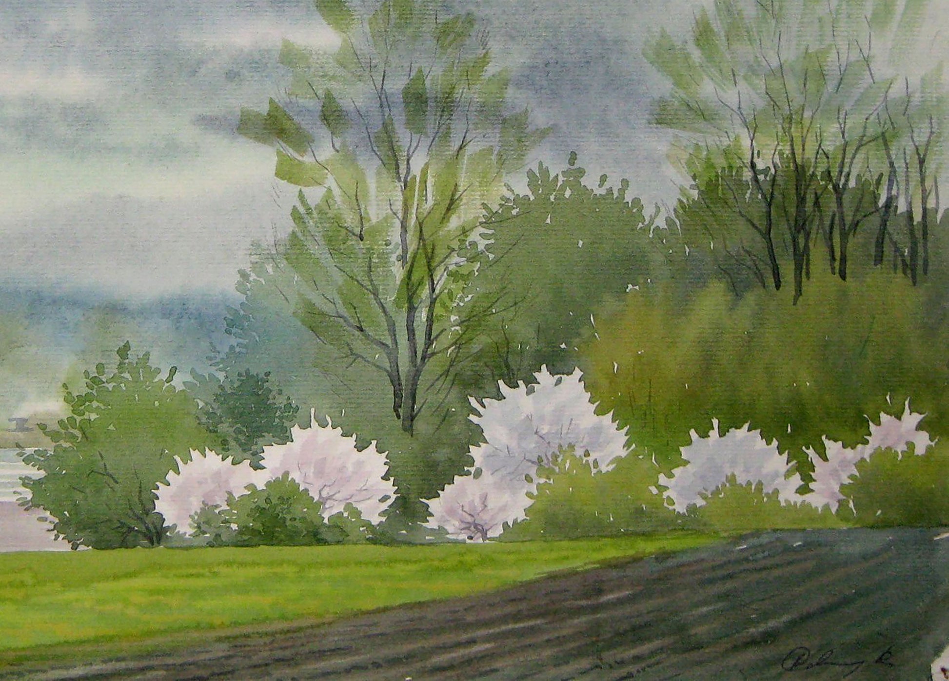 Valery Savenets' portrayal of farm fields in watercolor.