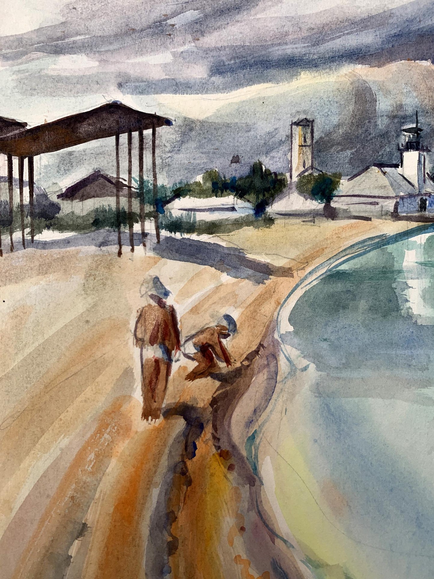 Watercolor painting City lake O. Umansky