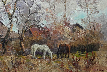 Oil painting Landscape with horses Serdyuk Boris Petrovich