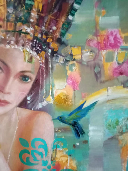 Tarabanov's oil artwork, "Hummingbird," showcasing the intricate details of the bird's feathers.