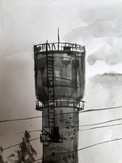 Watercolor painting View of the water tower Smalchuk