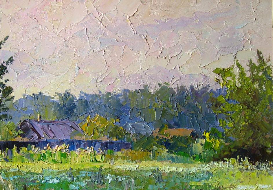 Boris Petrovich Serdyuk's oil artwork portraying a farm in Sumy