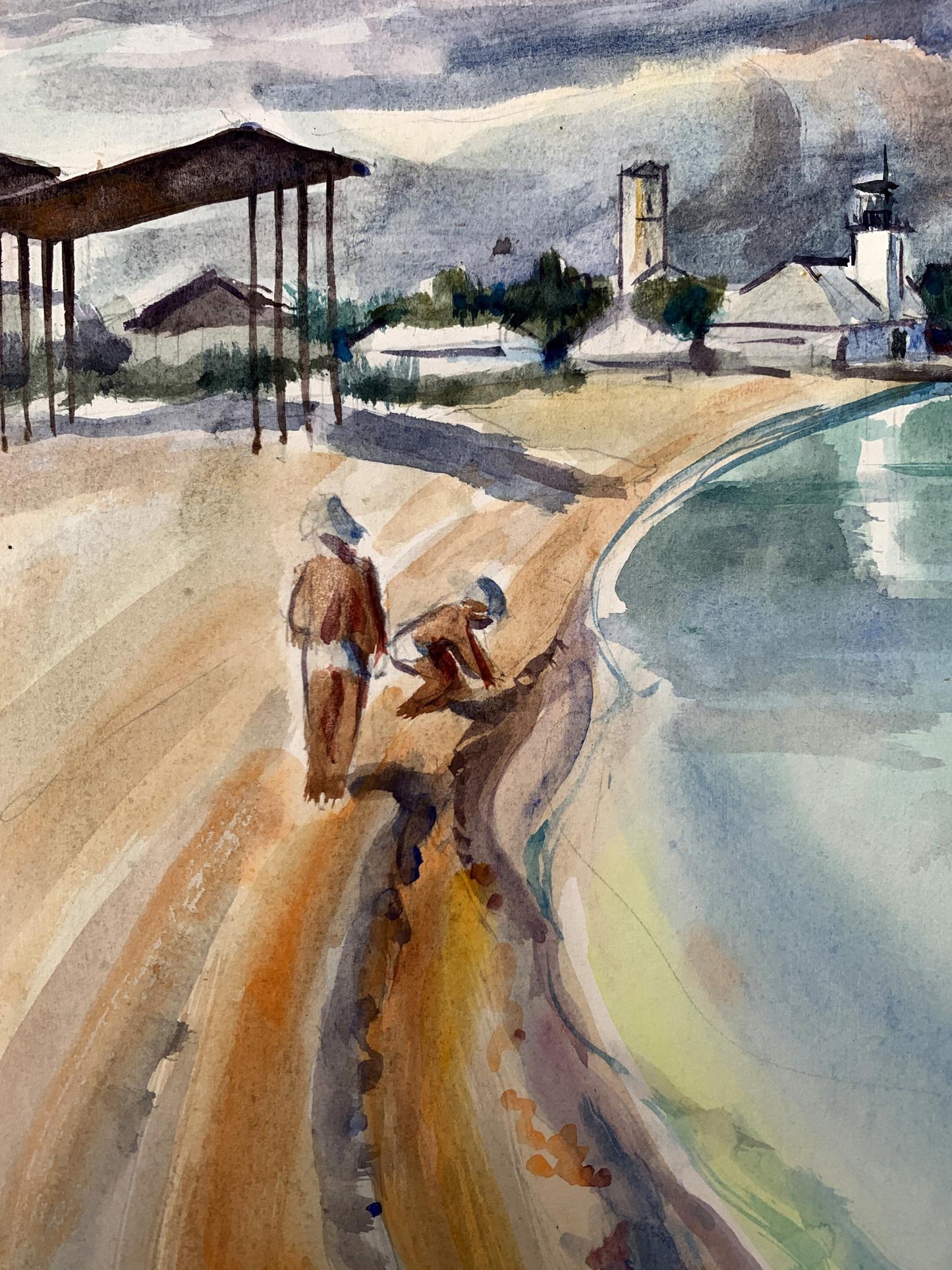 Watercolor painting City lake O. Umansky