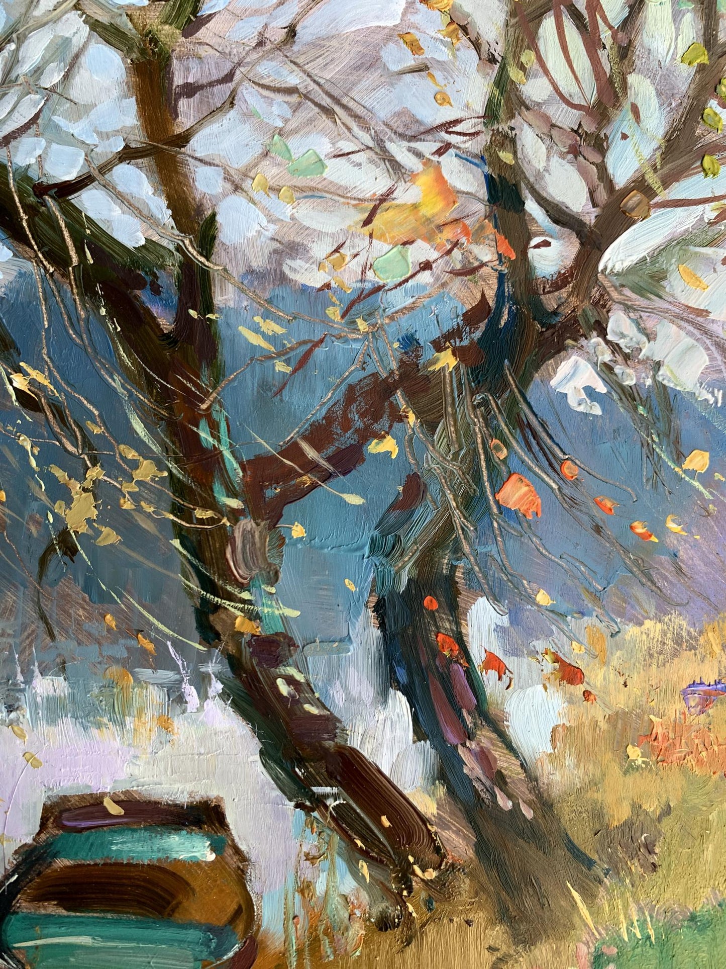 OIl painting A boat near two bare trees Yuriy Suprunchuk