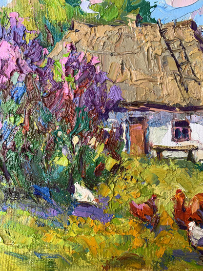 4 Oil painting Chickens grazing in the yard Oksana Ivanyuk