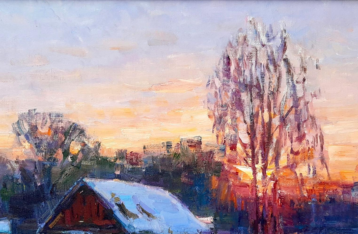 Oli painting Evening Winter Village Landscape Miacheslav Tepeta