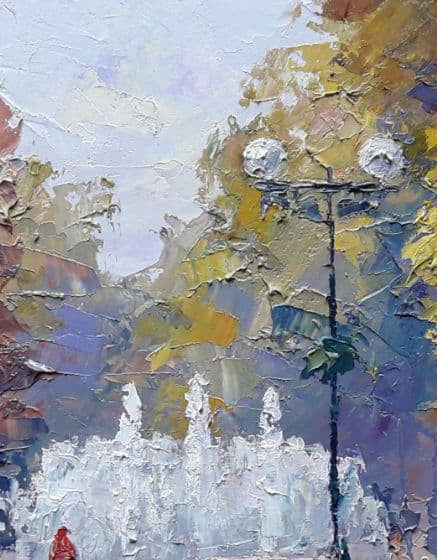 Serdyuk's brushstrokes convey the crispness of fallen leaves and the warmth of autumn sunlight