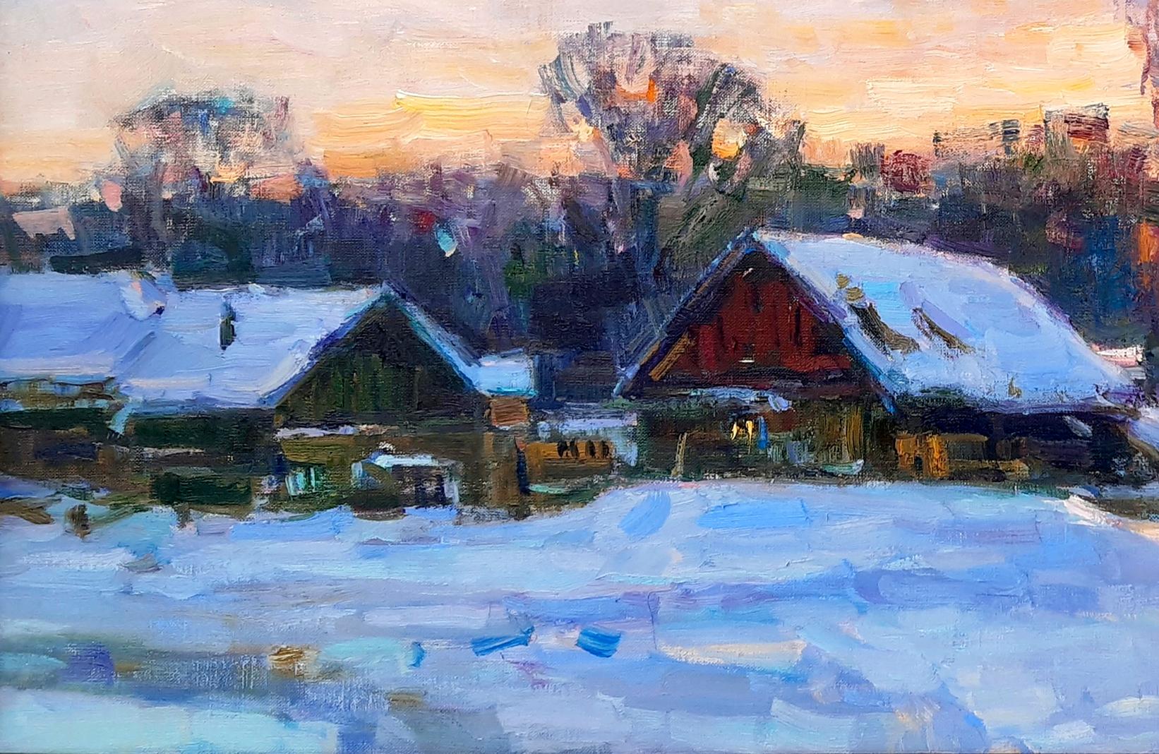 Oli painting Evening Winter Rural Landscape Miacheslav Tepeta