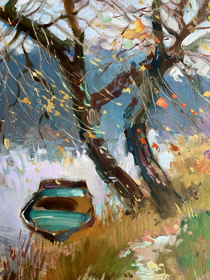 OIl painting A boat near two bare trees Yuriy Suprunchuk