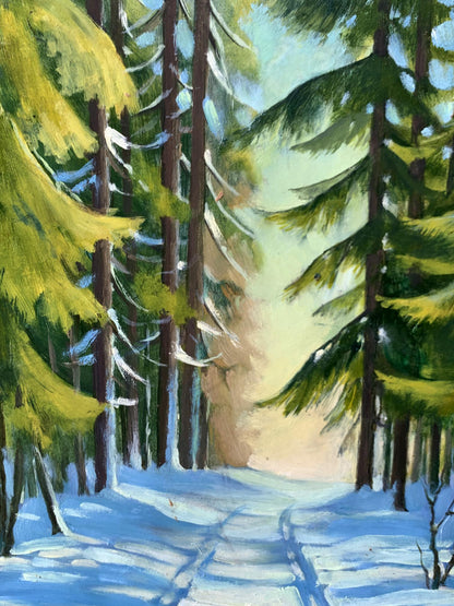 Oil painting Snowy road in the forest Mykhailo Burdylo