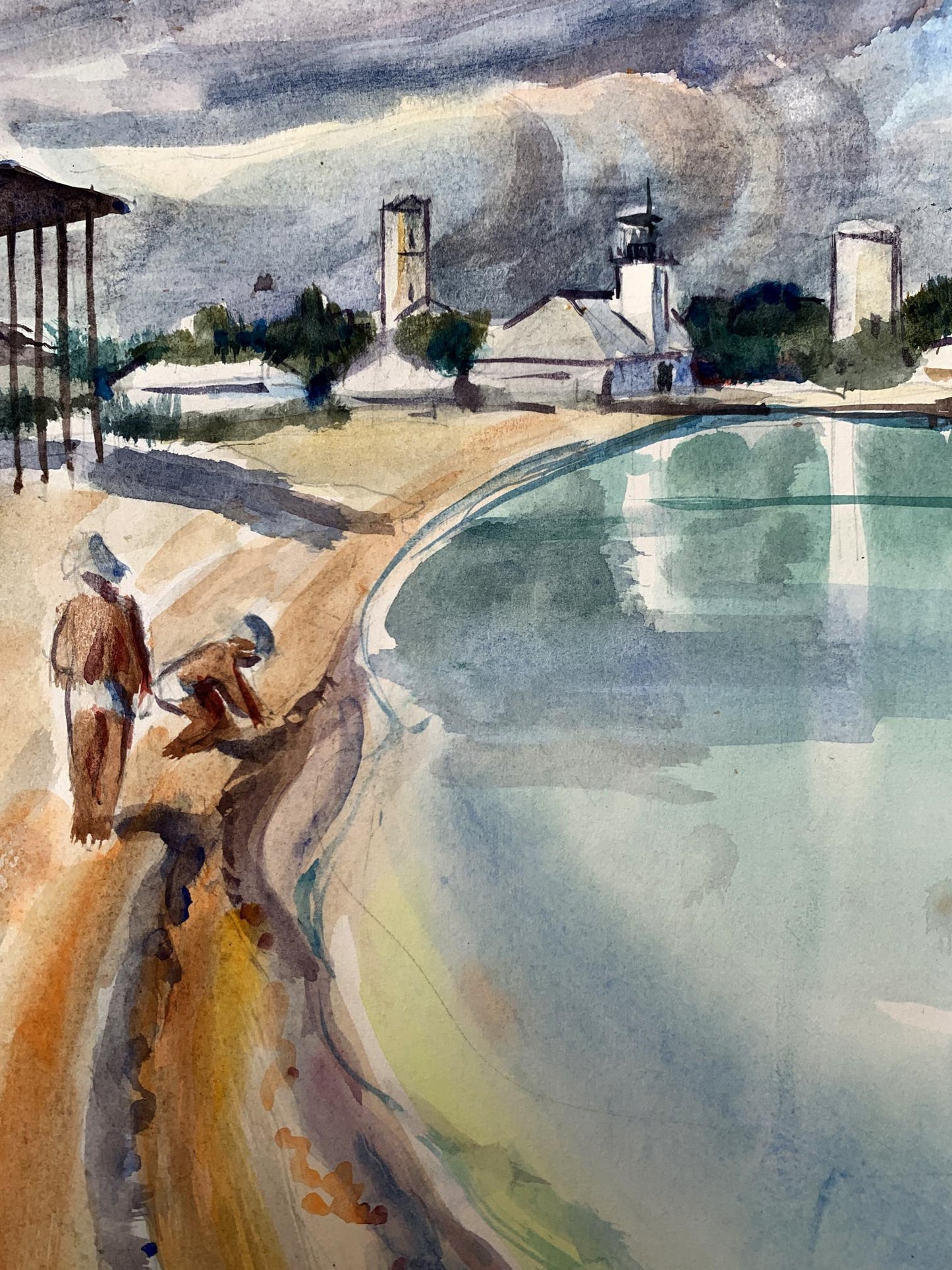 Watercolor painting City lake O. Umansky