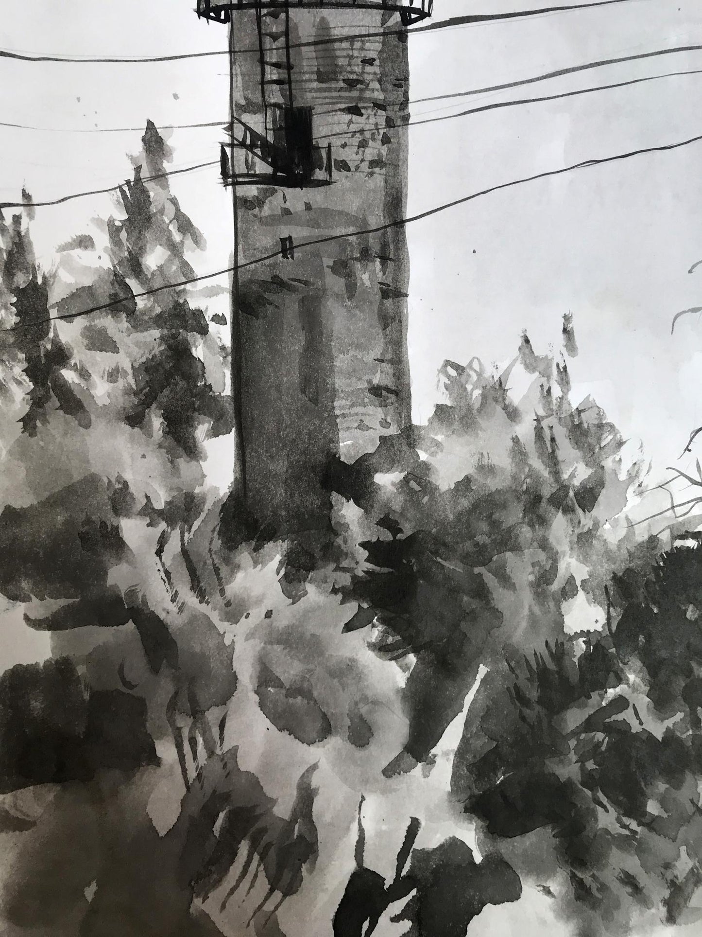 Watercolor painting View of the water tower Smalchuk