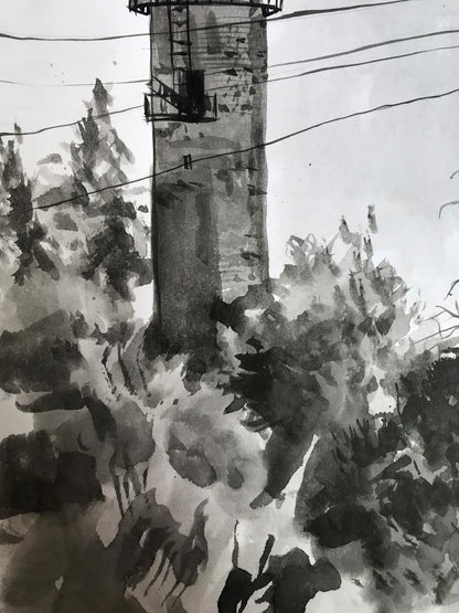 Watercolor painting View of the water tower Smalchuk