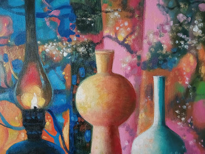 Oil painting Lamps and apples on the table Anatoly Tarabanov