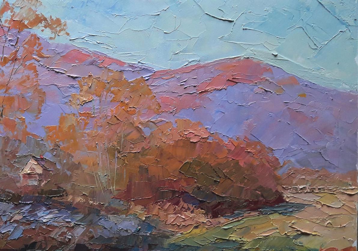 The artist portrays the golden and fiery hues of autumn in oil