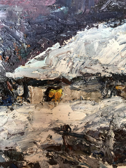 In oil, Alexander Cherednichenko portrays a wintry village night
