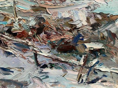 Oil painting Village Winter moonlit night