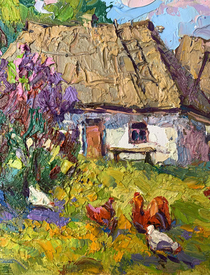 4 Oil painting Chickens grazing in the yard Oksana Ivanyuk