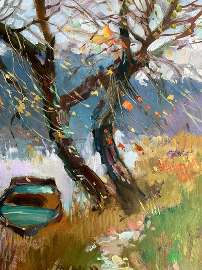 OIl painting A boat near two bare trees Yuriy Suprunchuk