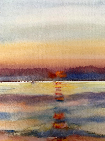 Watercolor painting Reflection of the sun in the sea Unknown artist