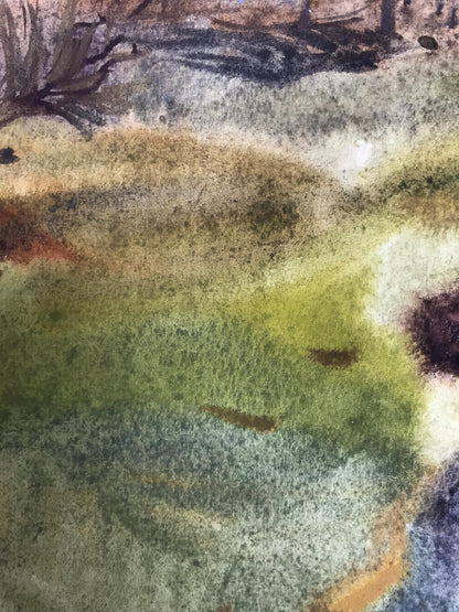 Watercolor painting "In the Woods" by Riaboka, portraying the natural beauty of wooded landscapes.