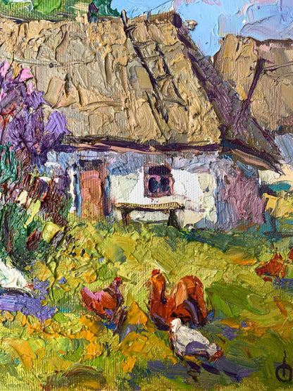 4 Oil painting Chickens grazing in the yard Oksana Ivanyuk