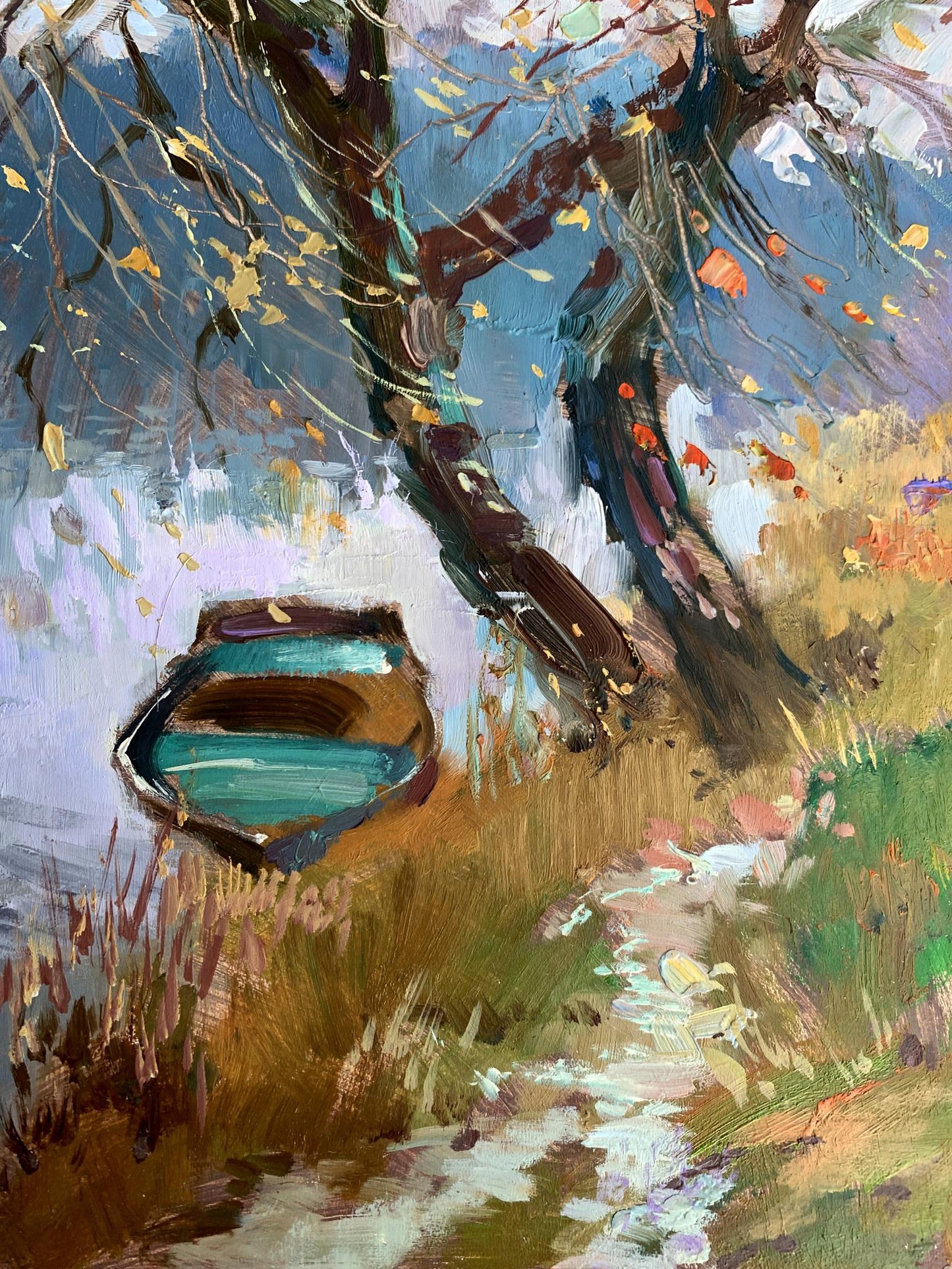 OIl painting A boat near two bare trees Yuriy Suprunchuk