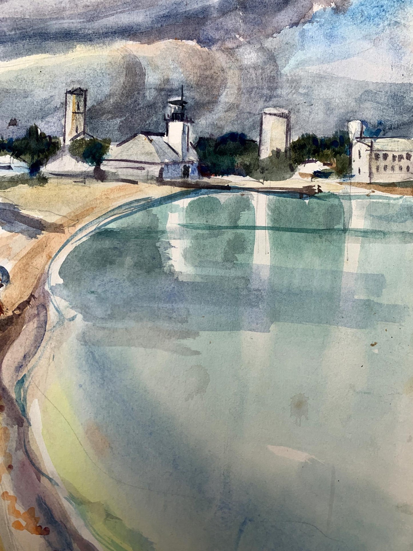 Watercolor painting City lake O. Umansky