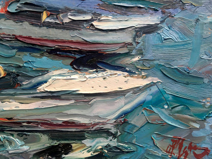Boats docked along the shore, portrayed in Alexander Nikolaevich Cherednichenko's oil artwork