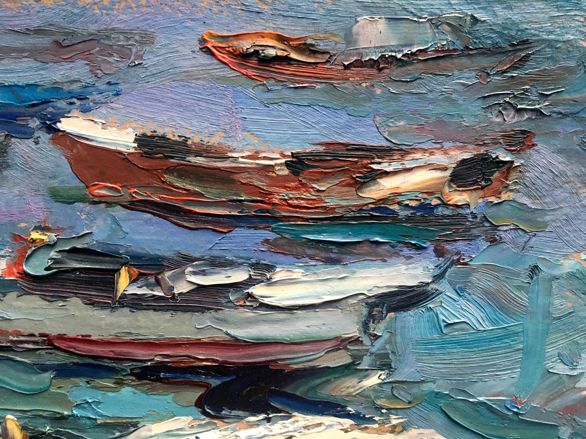 The tranquil scene of boats by the shore in Alexander Nikolaevich Cherednichenko's oil painting