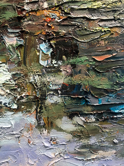 Oil painting Forest lake 