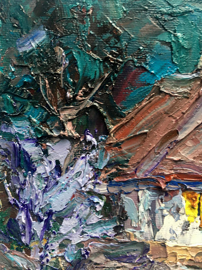 Oil painting Night Village landscape 