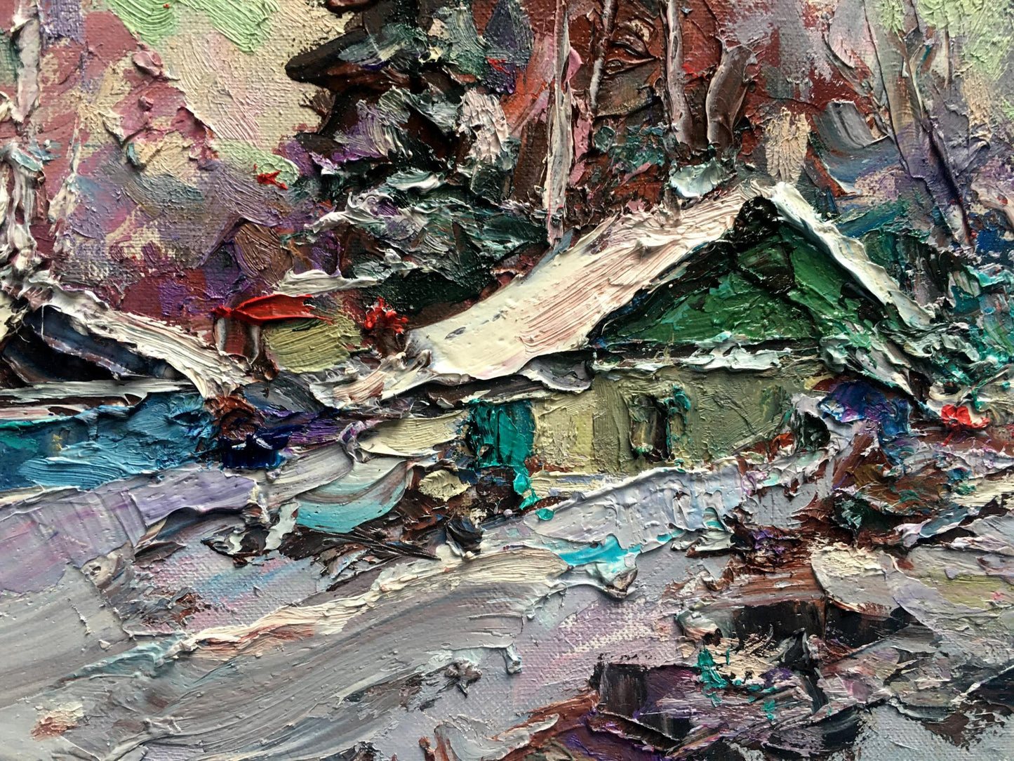 Oil painting Winter village 