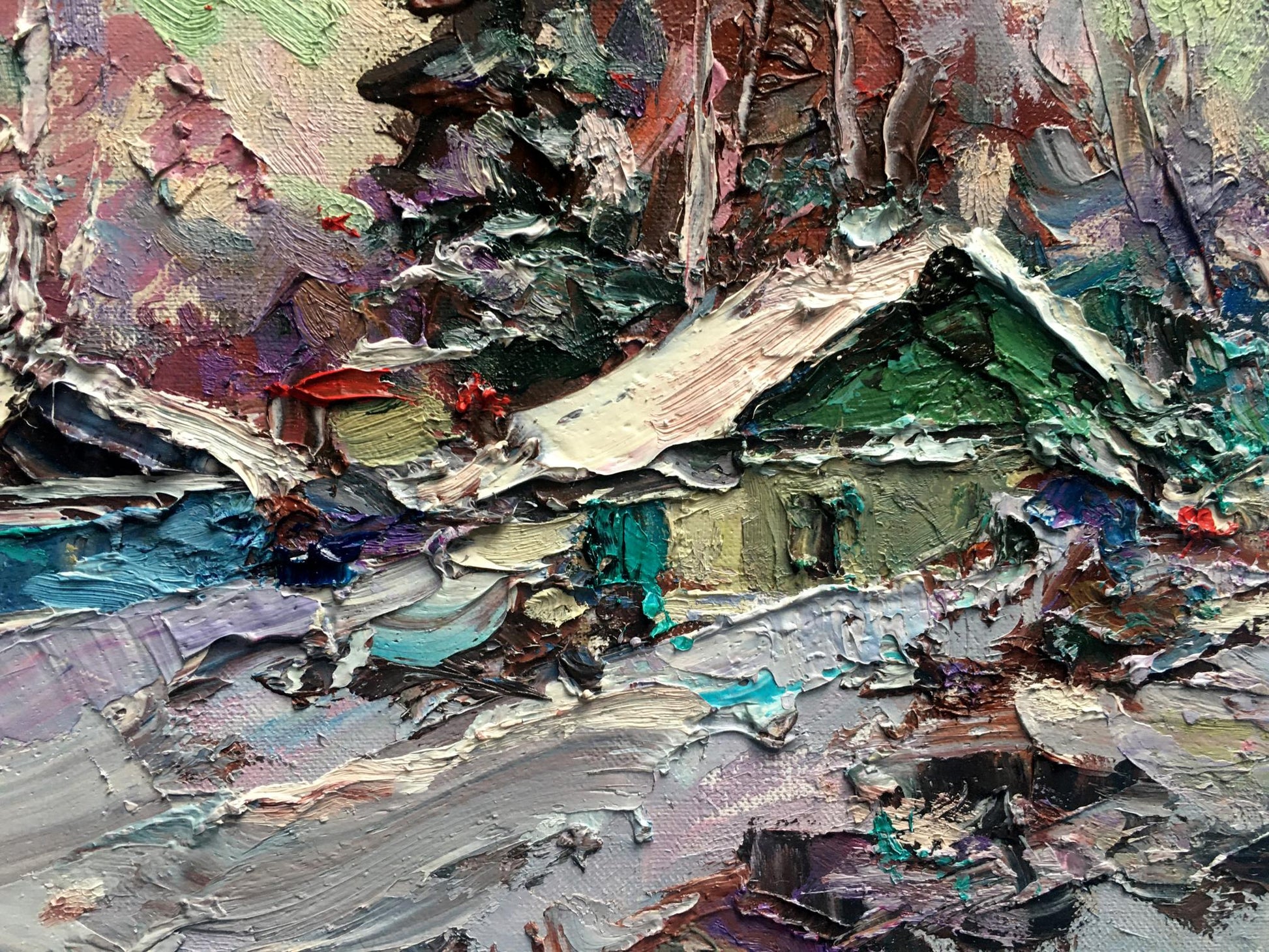 Oil painting Winter village 
