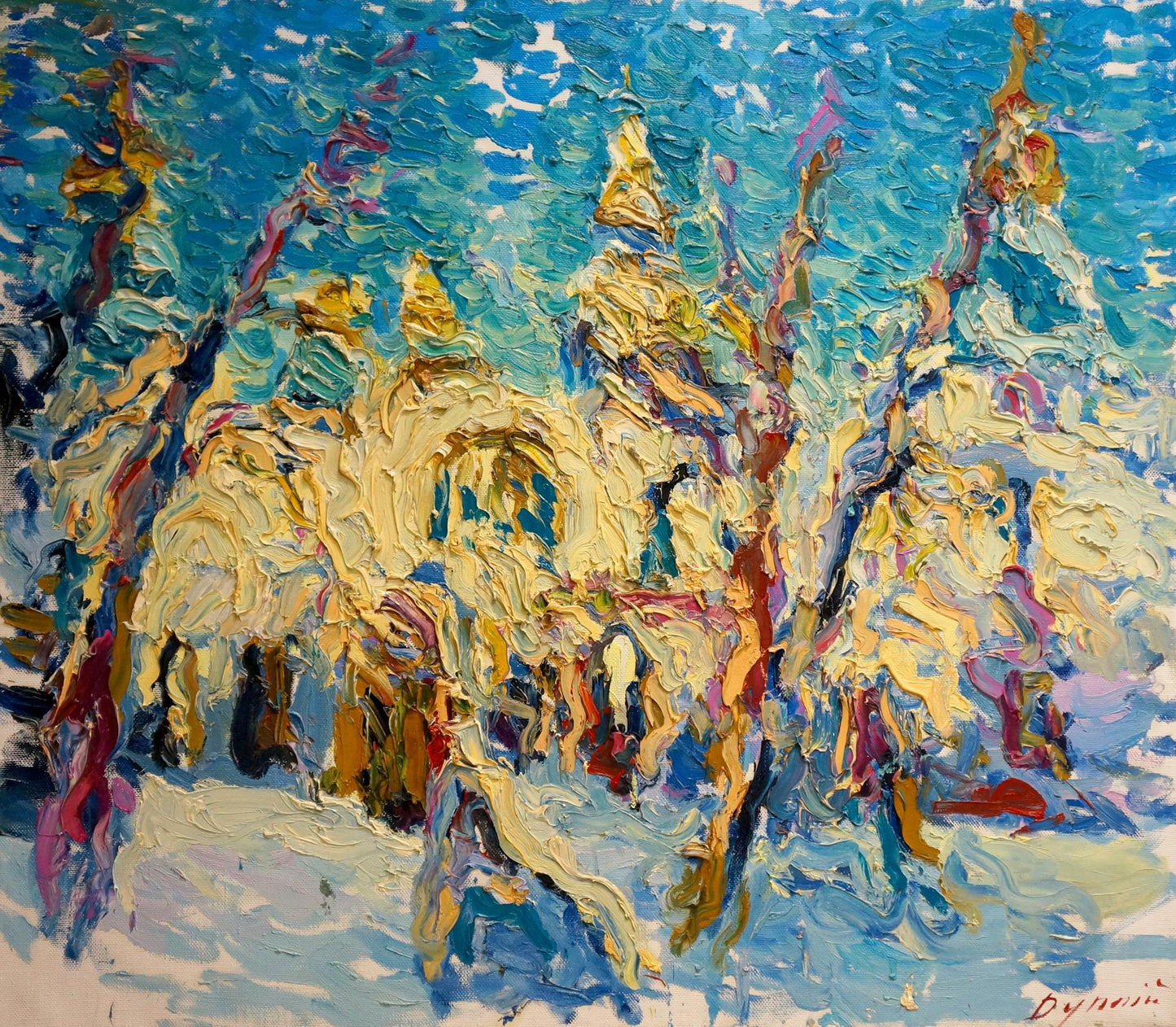 Oil painting View of the snow chapel Sergey Dupliy
